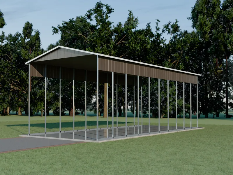 Design example: the Beacon, a 20 by 46 foot tall rv cover with burnished slate walls and a burnished slate roof