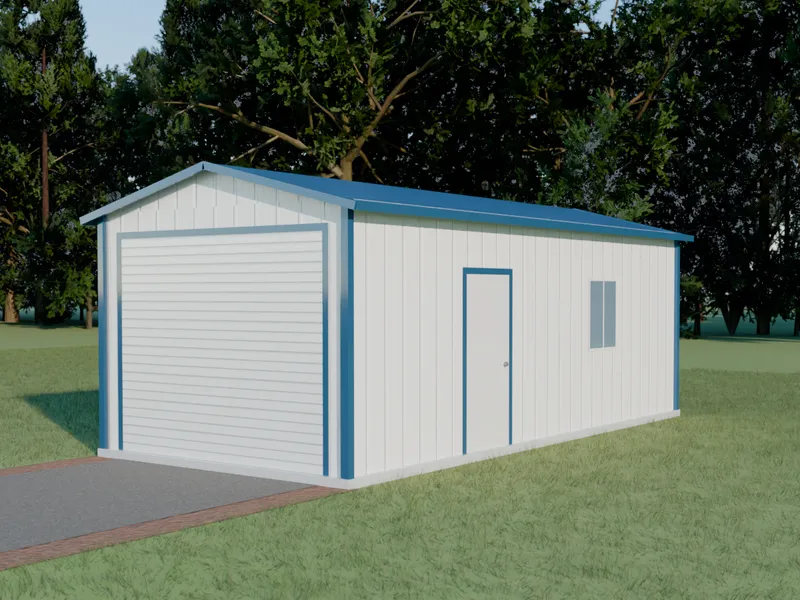 Design example: the Carriage, a 12 by 26 foot one-car garage with white walls and a ocean blue roof
