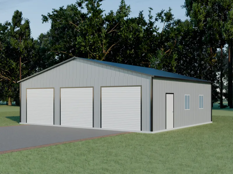 Design example: the Estate, a 36 by 30 foot three-car garage with pewter gray walls and a black roof