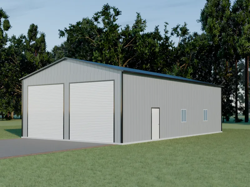 Design example: the Forge, a 30 by 50 foot tall shop with pewter gray walls and a black roof