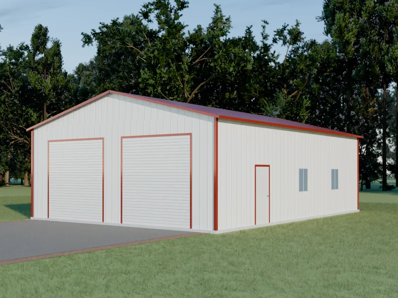 Design example: the Foundry, a 30 by 40 foot two-bay shop with white walls and a barn red roof
