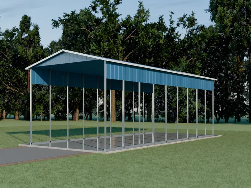 Design example: the Harbor, a 18 by 41 foot rv cover with ocean blue walls and a ocean blue roof