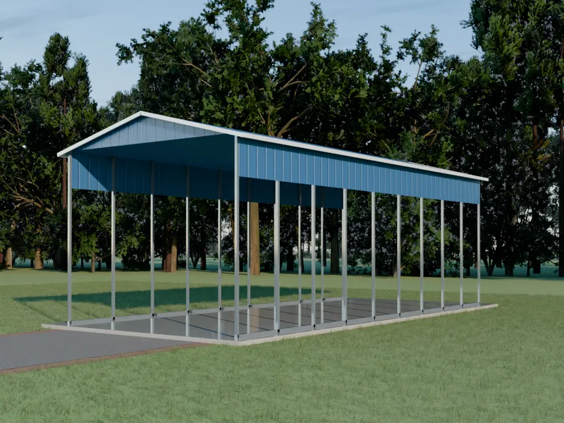 Design example: the Harbor, a 18 by 41 foot rv cover with royal blue walls and a royal blue roof