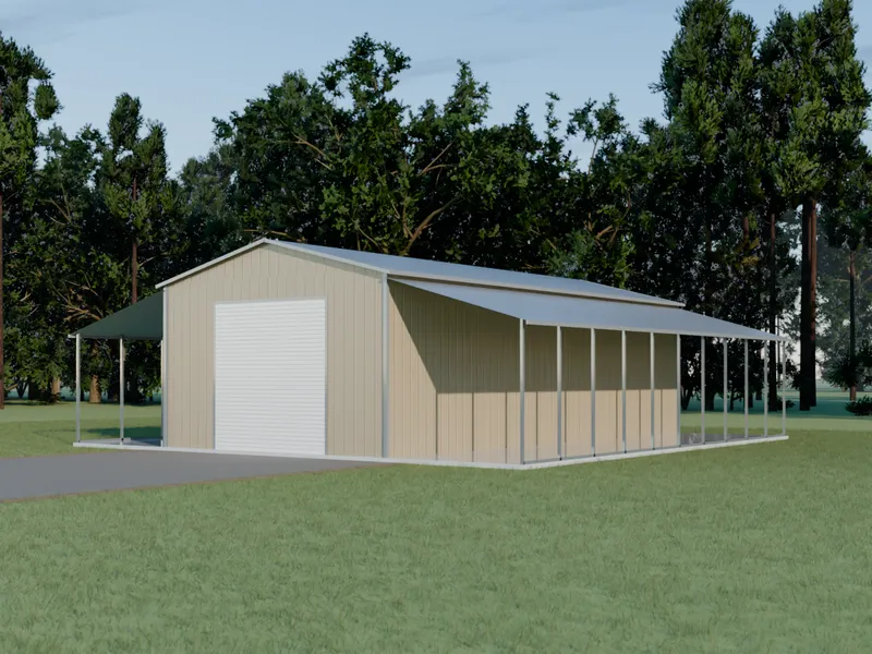 Design example: the Harvest, a 48 by 50 foot equipment barn with clay walls and a pewter gray roof