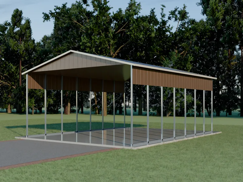 Design example: the Haymaker, a 24 by 31 foot equipment cover with earth brown walls and a earth brown roof