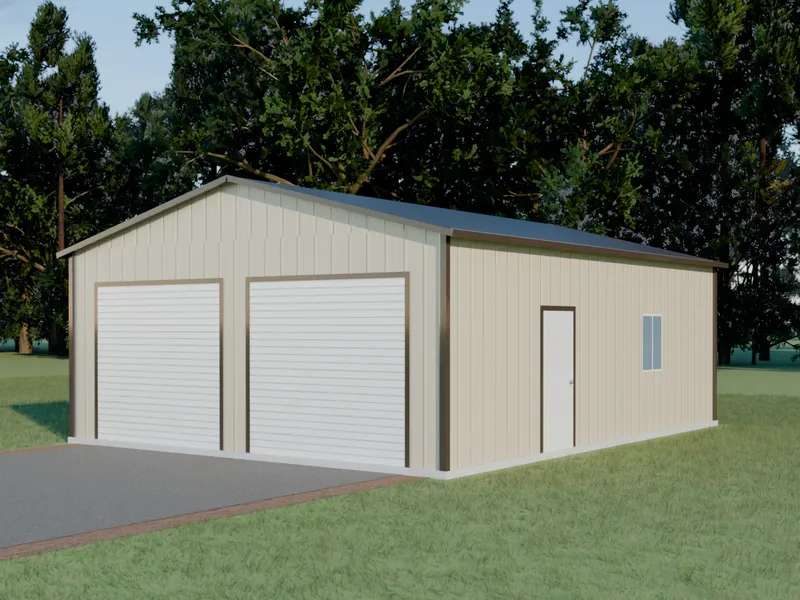 Design example: the Homestead, a 24 by 30 foot two-car garage with pebble beige walls and a burnished slate roof