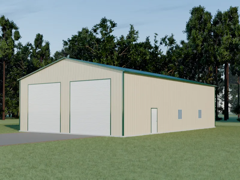 Design example: the Ironworks, a 40 by 60 foot large shop with sandstone walls and a evergreen roof