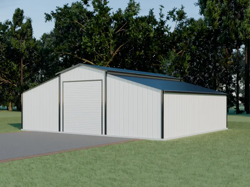 Design example: the Paddock, a 36 by 30 foot center-aisle barn with white walls and a black roof