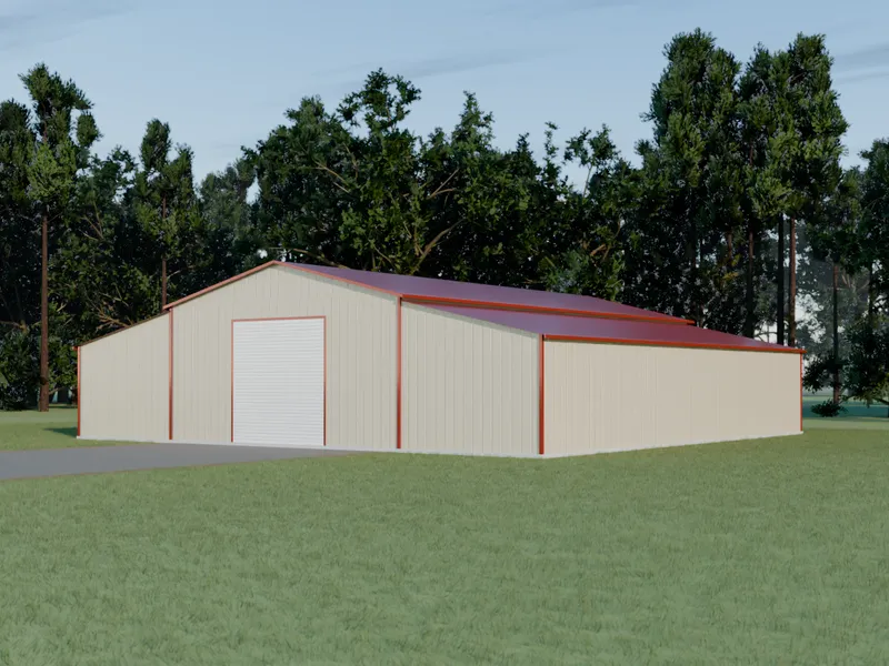 Design example: the Prairie, a 60 by 60 foot large barn with pebble beige walls and a barn red roof