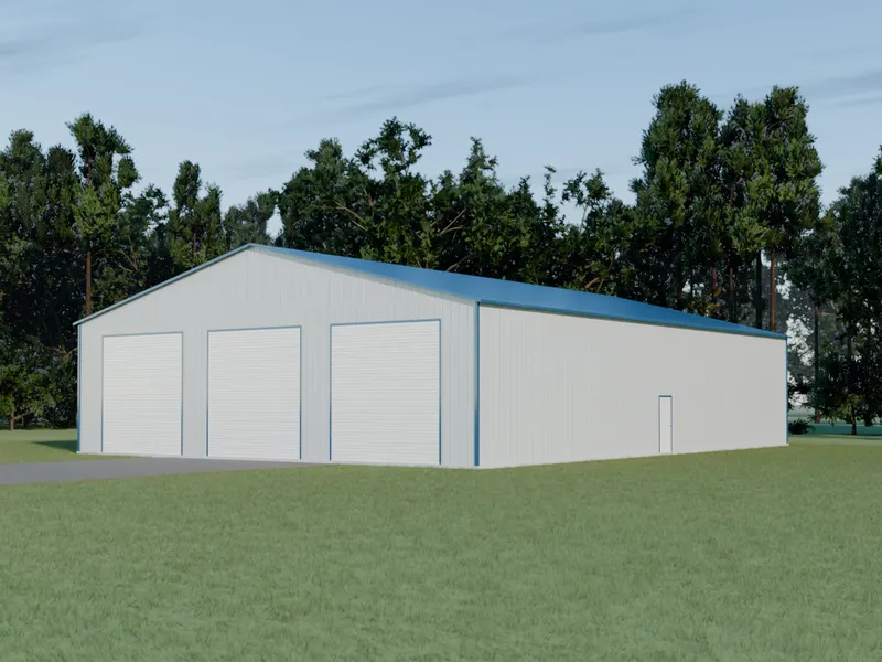 Design example: the Switchyard, a 60 by 80 foot three-bay building with galvalume walls and a ocean blue roof