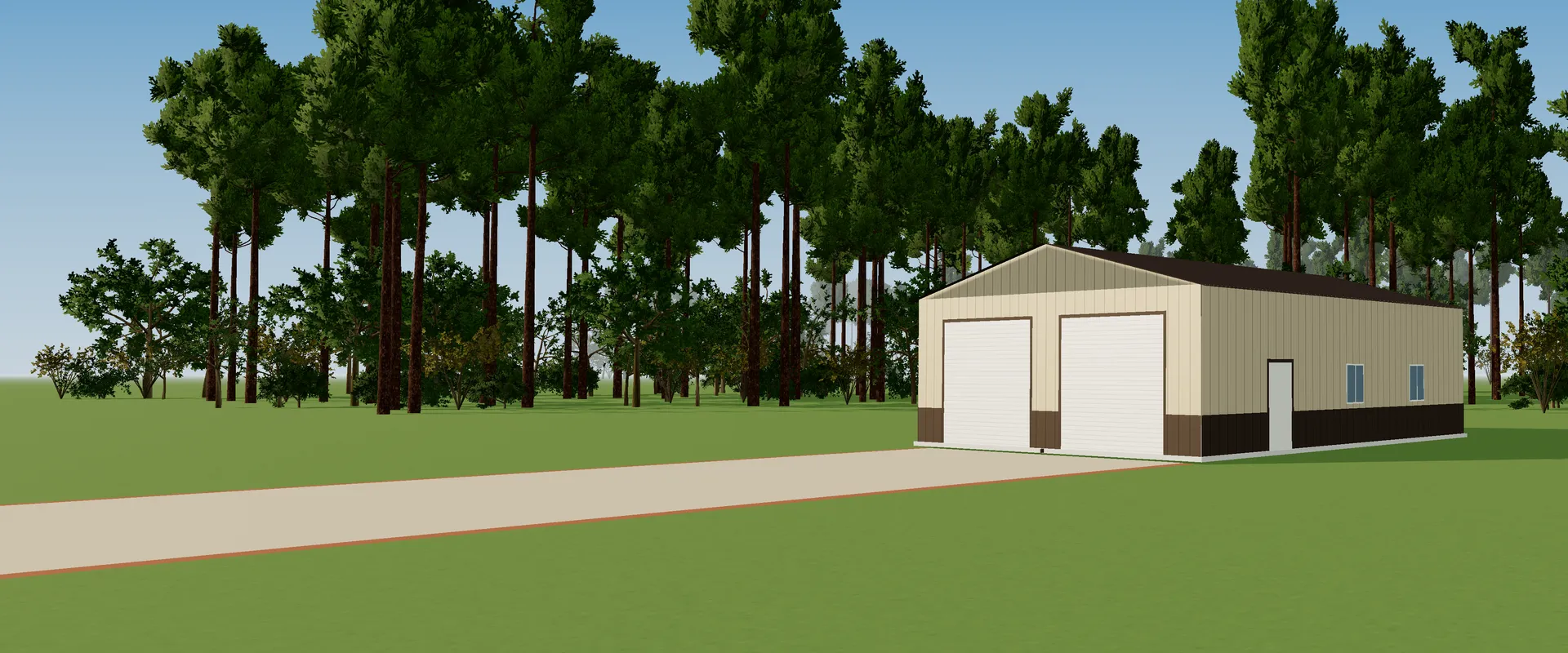 Design example: a 30 by 40 foot steel workshop with two roll-up doors, beige walls and dark brown trim, on a gravel drive in front of a pine tree line