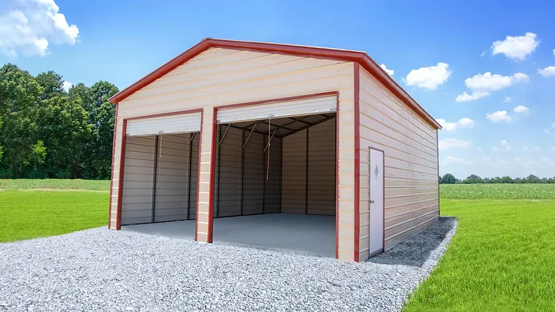 Photo of the Anvil, a 24 by 30 foot steel two-bay hobby shop with pebble beige walls and a pebble beige roof